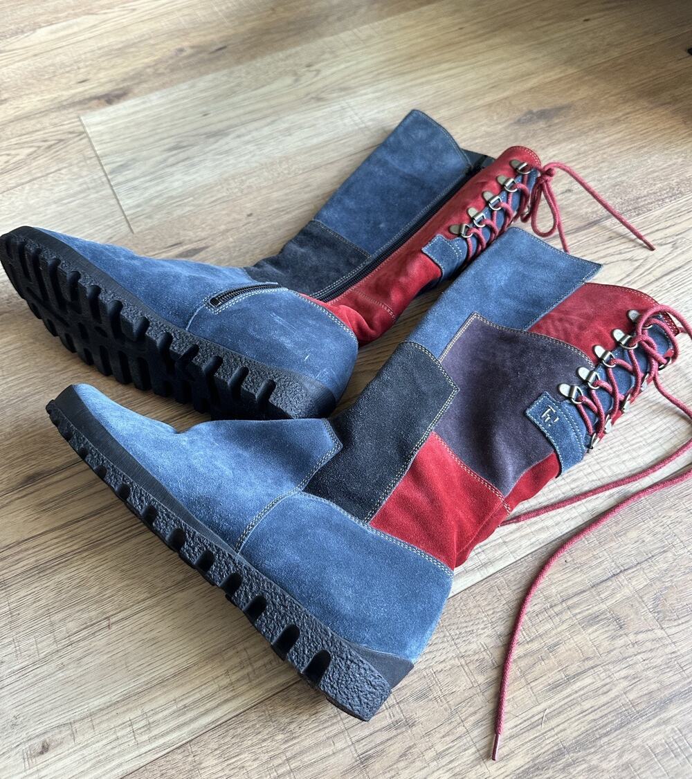 Think womens shoes, Size 37 Multicolor Patch Suede boots Zip and Tie in the Back